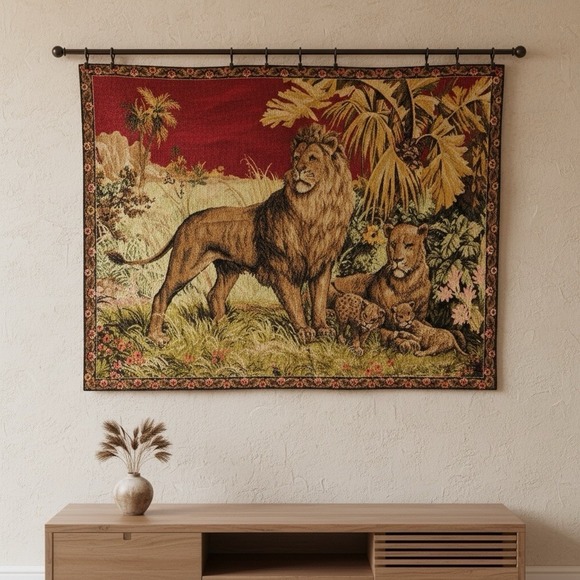 Vintage Italian Lion Family Tapestry Wall Hanging Rug Safari Jungle 5'10